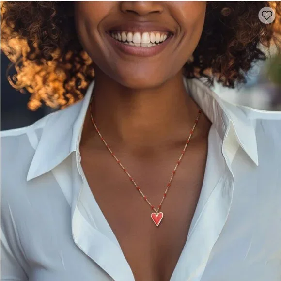 Italian Personalized (Letter "M") Red Enamel Heart Necklace in 14kt Yellow Gold - Picture 1 of 5